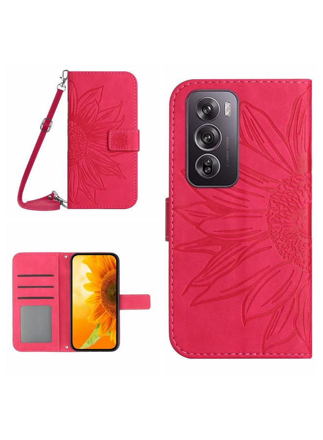 Green Tiger For OPPO Reno12 Pro 5G Global Skin Feel Sun Flower Embossed Flip Leather Phone Case with Lanyard(Rose Red)