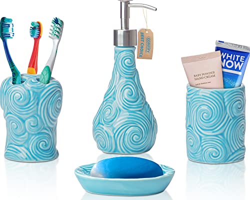 Comfify Designer 4-Piece Bathroom Accessories Set – Soap or Lotion Dispenser, Toothbrush Holder, Tumbler, and Soap Dish – Glossy Porcelain Finish (Ocean Waves, Aqua Blue) – Holds 15.6oz - Image 1