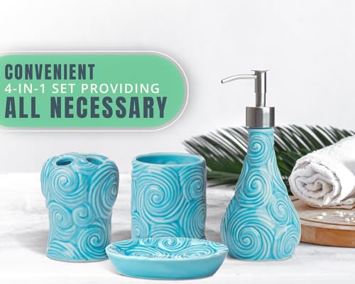 Comfify Designer 4-Piece Bathroom Accessories Set – Soap or Lotion Dispenser, Toothbrush Holder, Tumbler, and Soap Dish – Glossy Porcelain Finish (Ocean Waves, Aqua Blue) – Holds 15.6oz - Image 5