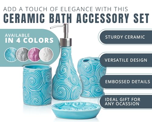 Comfify Designer 4-Piece Bathroom Accessories Set – Soap or Lotion Dispenser, Toothbrush Holder, Tumbler, and Soap Dish – Glossy Porcelain Finish (Ocean Waves, Aqua Blue) – Holds 15.6oz - Image 2
