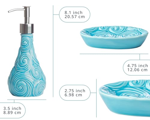 Comfify Designer 4-Piece Bathroom Accessories Set – Soap or Lotion Dispenser, Toothbrush Holder, Tumbler, and Soap Dish – Glossy Porcelain Finish (Ocean Waves, Aqua Blue) – Holds 15.6oz - Image 3