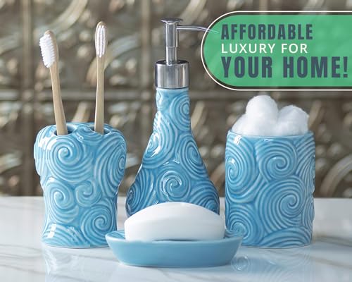 Comfify Designer 4-Piece Bathroom Accessories Set – Soap or Lotion Dispenser, Toothbrush Holder, Tumbler, and Soap Dish – Glossy Porcelain Finish (Ocean Waves, Aqua Blue) – Holds 15.6oz - Image 4