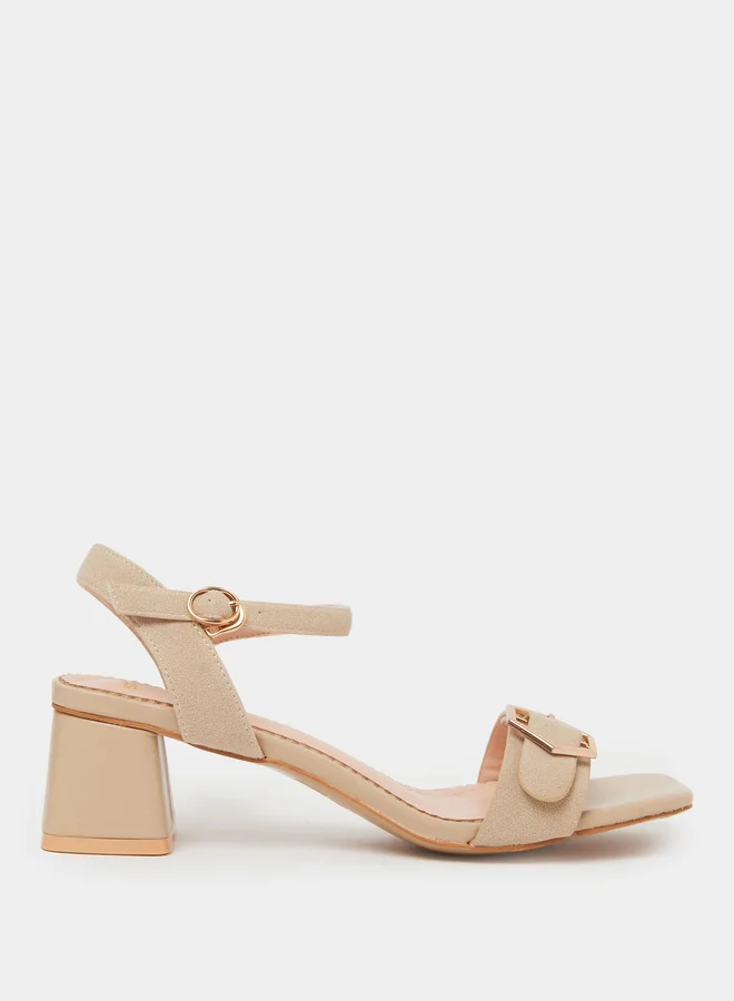Styli Beige Mid Block Heel Buckle Details Sandals