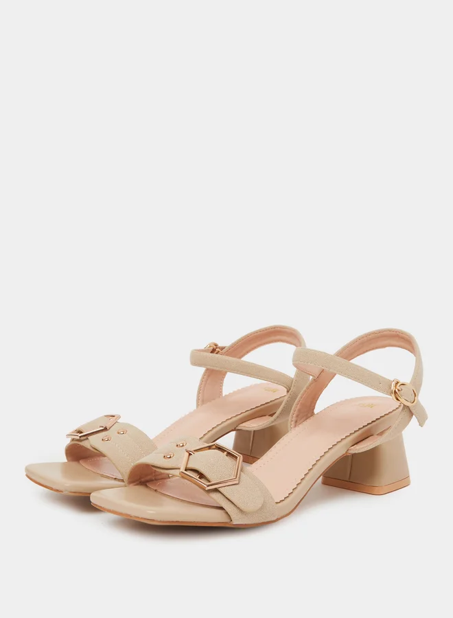 Styli Beige Mid Block Heel Buckle Details Sandals