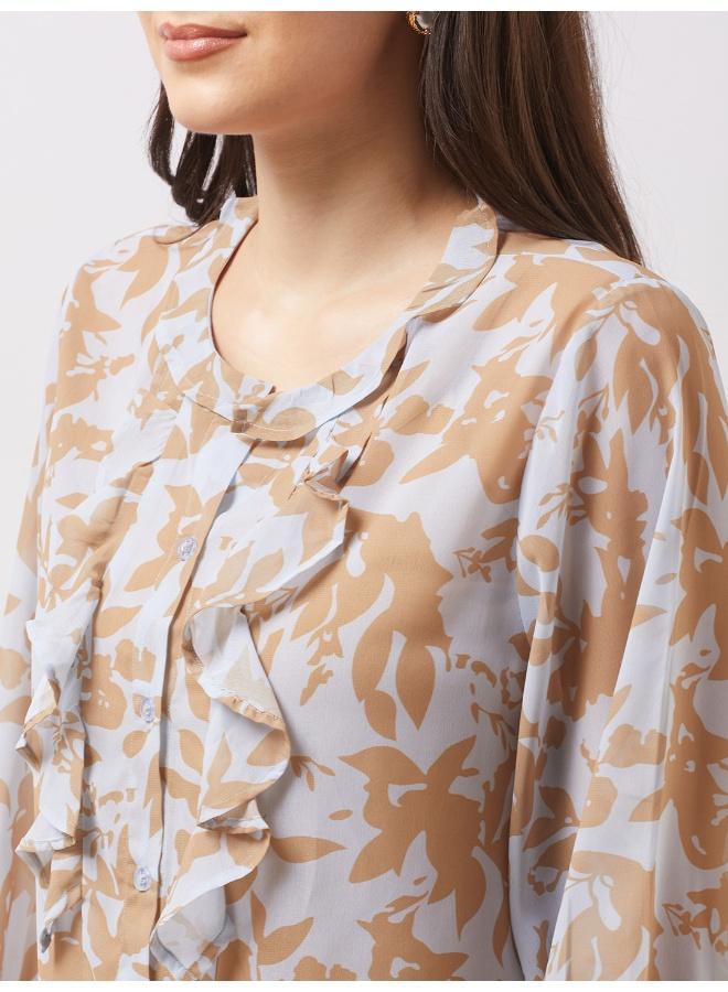 Globus Women Yellow Abstract Print Mandarin Collar Bishop Sleeves Ruffle Detail Georgette Top - Image 5