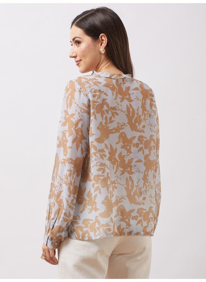 Globus Women Yellow Abstract Print Mandarin Collar Bishop Sleeves Ruffle Detail Georgette Top - Image 4