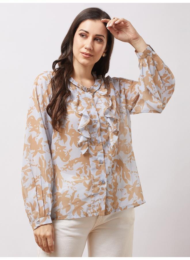 Globus Women Yellow Abstract Print Mandarin Collar Bishop Sleeves Ruffle Detail Georgette Top - Image 1