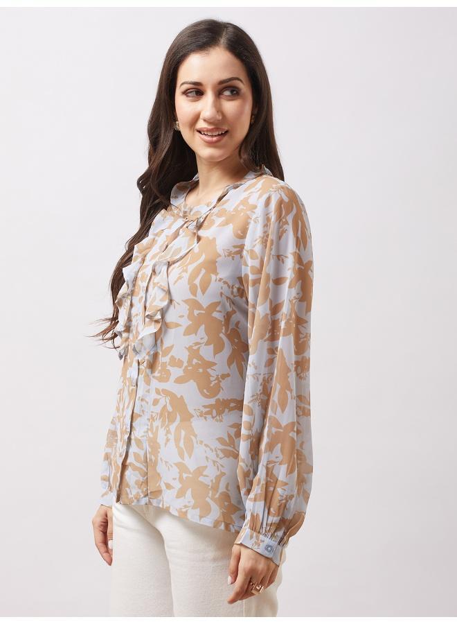 Globus Women Yellow Abstract Print Mandarin Collar Bishop Sleeves Ruffle Detail Georgette Top - Image 3