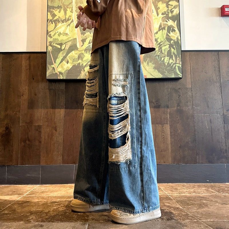 American Retro Ripped Jeans Men'S Autumn Ripped Street Straight-Leg Loose Wide-Leg Pants - Image 3