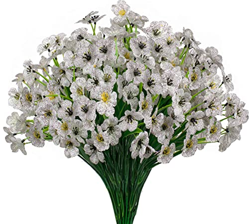 15 Bundles Artificial Flowers UV Resistant Outdoor Plants No Fade Faux Plastic Shrubs Fake Silk Flowers Window Box Garden Porch Home DecorationWhite