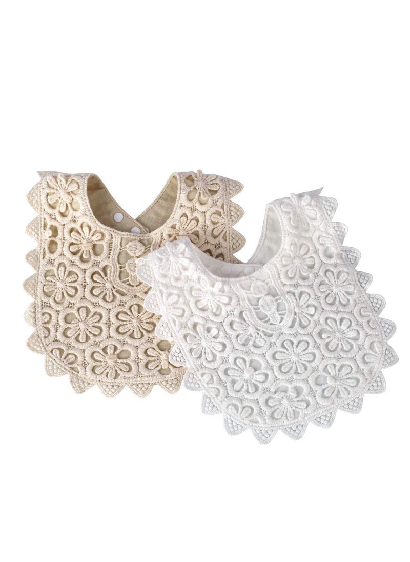 Y&D 2 Pack Baby Drool Bibs, Drooling and Teething Bibs Lace Fake Collar Bib Set for Toddler Girls Gift (White+Beige)  - Image 1