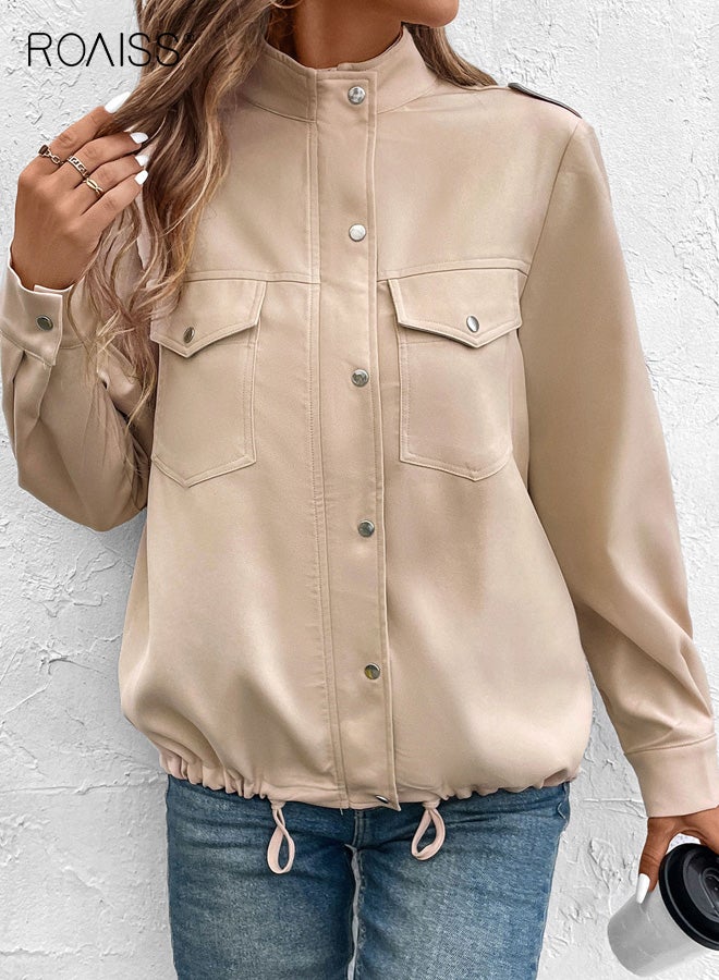 رويس جاكيت نسائي، جاكيت بياقة واقفة وسحاب وجيوب، جاكيت قصير بأكمام طويلة ومضاد للرياح، جاكيت أنيق مناسب للربيع والخريف، لون كاكي - Image 1