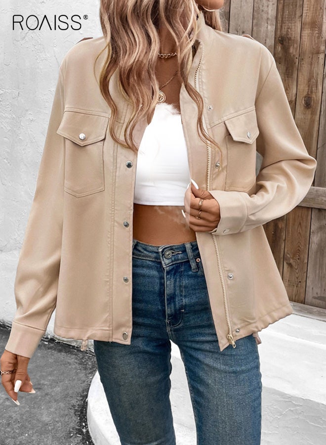 رويس جاكيت نسائي، جاكيت بياقة واقفة وسحاب وجيوب، جاكيت قصير بأكمام طويلة ومضاد للرياح، جاكيت أنيق مناسب للربيع والخريف، لون كاكي - Image 4