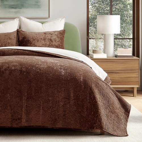 EverGrace Velvet Quilt Set Queen Size Luxurious Soft Quilted Bedding Sets Lightweight Velvet Comforter for All Season Striped Channel Bedspread Coverlet with 2 Shams Rust Brown - Image 1