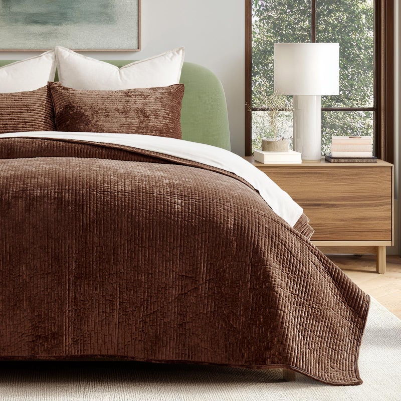 EverGrace Velvet Quilt Set Queen Size Luxurious Soft Quilted Bedding Sets Lightweight Velvet Comforter for All Season Striped Channel Bedspread Coverlet with 2 Shams Rust Brown - Image 2