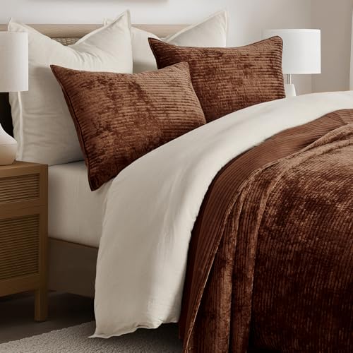 EverGrace Velvet Quilt Set Queen Size Luxurious Soft Quilted Bedding Sets Lightweight Velvet Comforter for All Season Striped Channel Bedspread Coverlet with 2 Shams Rust Brown - Image 3
