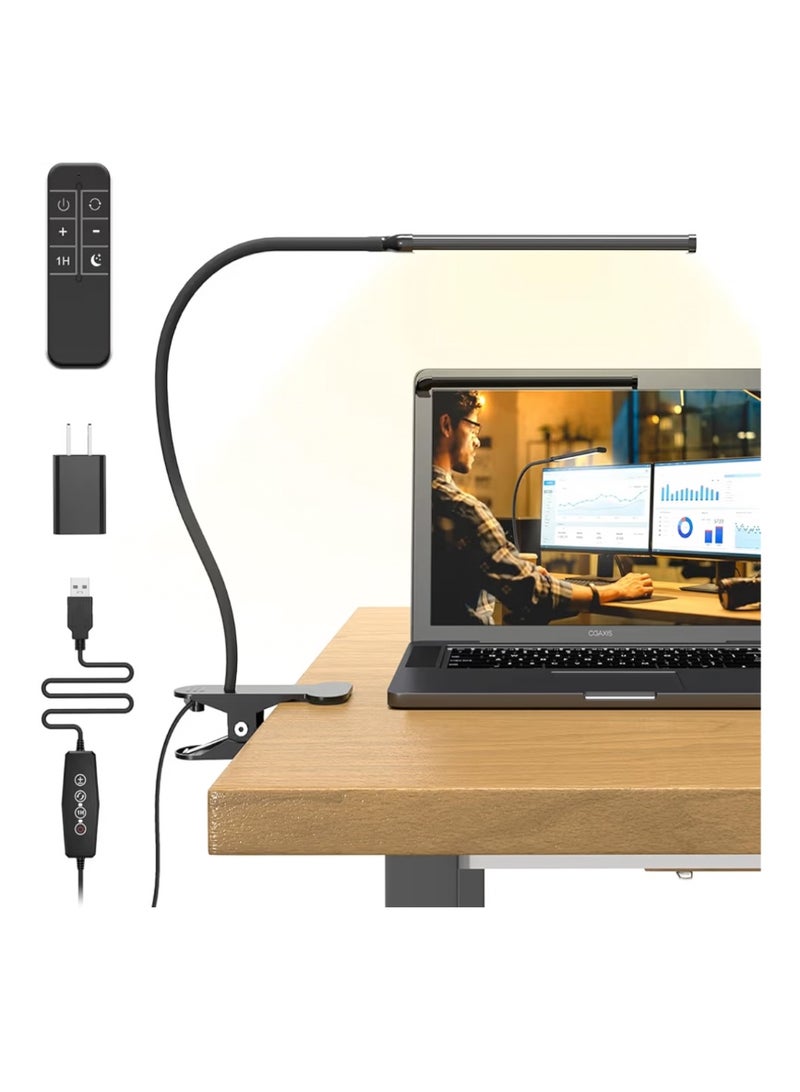 Mojimdo Desk Lamp with Remote, 3 Color & 5 Brightness & 77LED Dimmable Reading Light, 40CM Flexible Gooseneck, Eye-Caring Clip on Light with Adapter for Reading Study Workbench Drafting - Image 1