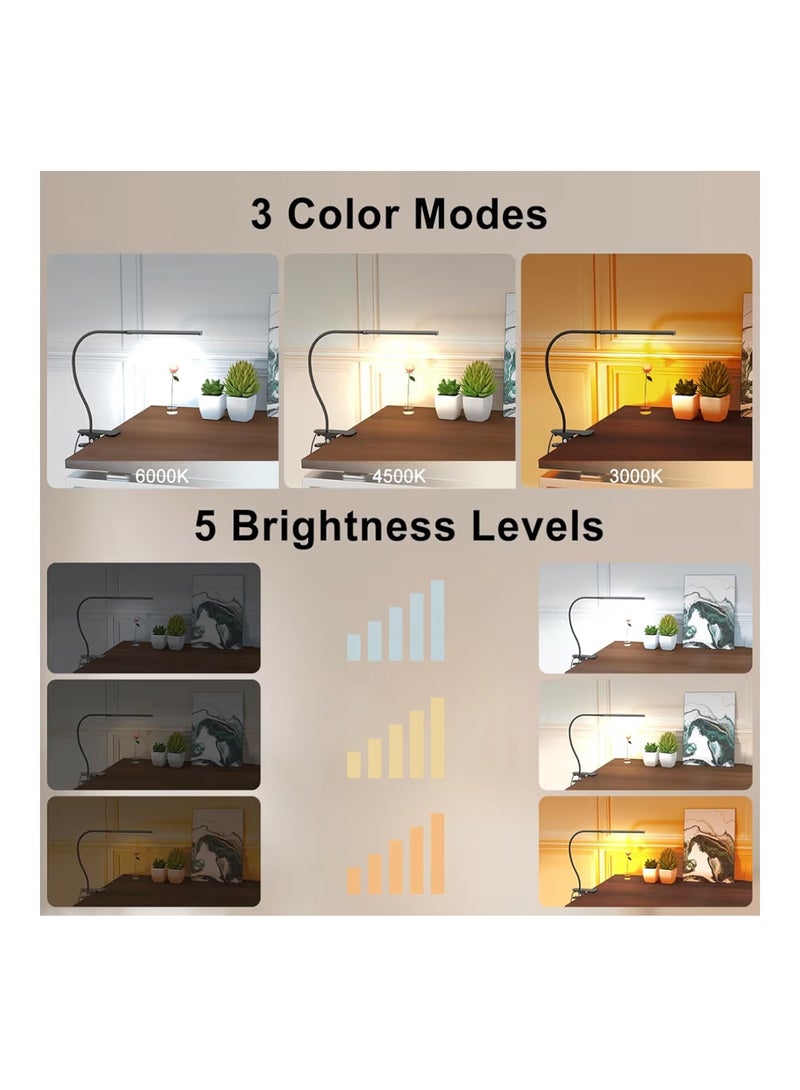 Mojimdo Desk Lamp with Remote, 3 Color & 5 Brightness & 77LED Dimmable Reading Light, 40CM Flexible Gooseneck, Eye-Caring Clip on Light with Adapter for Reading Study Workbench Drafting - Image 2