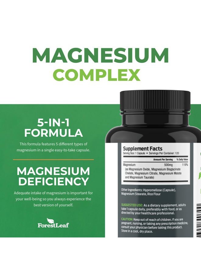 ForestLeaf مجمع المغنيسيوم 500 ملغ - كبسولات المغنيسيوم 500 ملغ - مكمل المغنيسيوم 500 ملغ - المغنيسيوم للنوم، المغنيسيوم للإمساك - مكمل المغنيسيوم للنساء (120 حبة) - Image 3