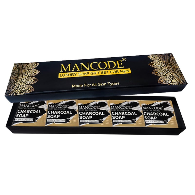 MAN CODE Mancode Luxury Soap Gift Set For Men With Pack of 5 Activated Charcoal Soap Bars Deep Cleansing Soap Provides Natural Glow Daily Bathing Bar Soap For Men For All Skin Types Pack of 5 625g  - Image 1