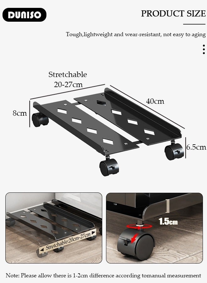 DUNISO Adjustable CPU Stand, Metal Mobile PC Rack,Hollow Cooling Pc Host Tower Stand, CPU Bracket cart with Wheels，Desktop PC Host Base Tray,Movable Pulley Chassis Shelf, Computer Tower Stand, CPU Holder Stand for Home, Office - Image 4