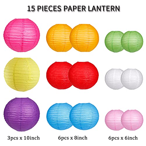 zilue Paper Lanterns Decorative, Round Hanging Paper Lanterns for Wedding Rainbow Birthday Party Mexican Fiesta Decorations Colorful 15pcs - Image 2