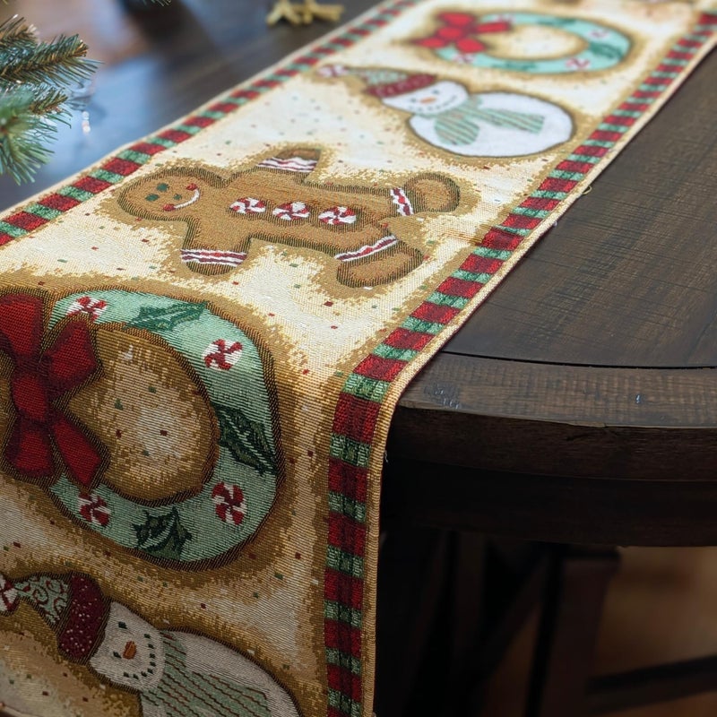 DaDa Bedding Gingerbread Snowman Sweets Tapestry Table Runner Festive Cookies Christmas Wreath Holiday Intricate Needle Stitching Cotton Linen Woven Kitchen Dining Mats 13 x 54