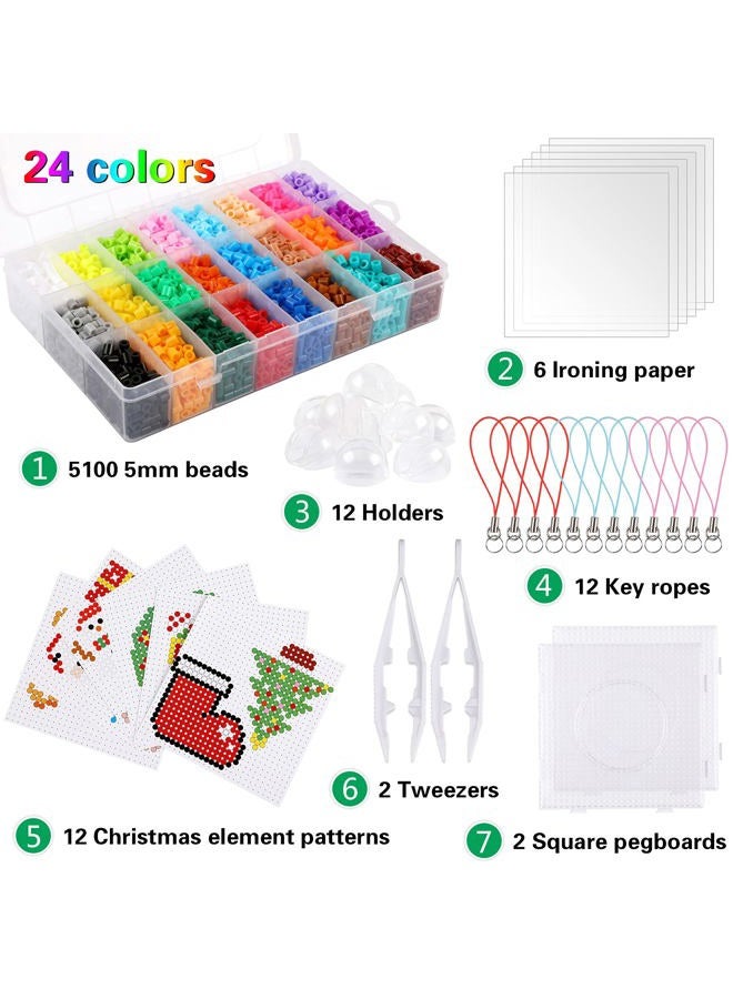 Augsun Christmas Fuse Beads Kit - 5100Pcs+ 24 Colors Crafting Melting Beads Set, 12 Styles Christmas Patterns 2Pcs 5mm Iron Pegboards for DIY Craft Making - Image 2