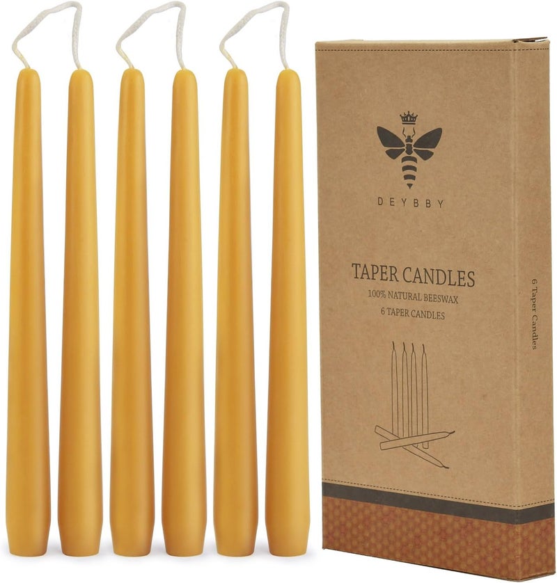 DEYBBY Natural Beeswax Taper Candles 10"- Beeswax Candles Set 6 Pack, Yellow - Image 1