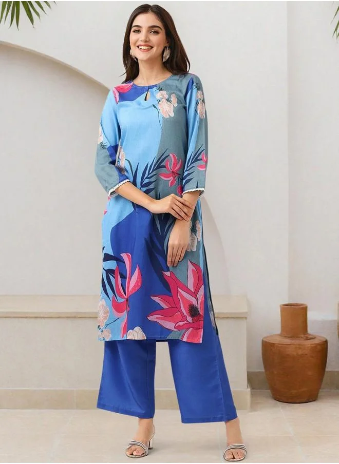 آي شين Straight Fit Women Blue Polyester Kurta Set with Embroidered pattern Tunic and Palazzo features a Round neckline and Three-Fourth Sleeve secured with Elastic closure and styled in Straight Fit ideal for Festive moments — perfect for fashion-forward occasions.