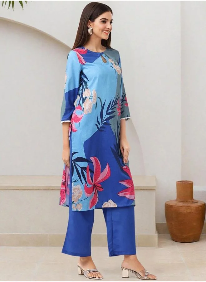 آي شين Straight Fit Women Blue Polyester Kurta Set with Embroidered pattern Tunic and Palazzo features a Round neckline and Three-Fourth Sleeve secured with Elastic closure and styled in Straight Fit ideal for Festive moments — perfect for fashion-forward occasions.