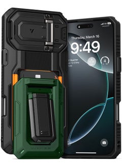 VRS Design D-Wallet Origin iPhone 16 Pro MAX Case Cover Wallet with Semi Automatic Credit Card Holder Slot [3 Cards] & Camera Lens Protector Kickstand - Metallic Green  - Image 1