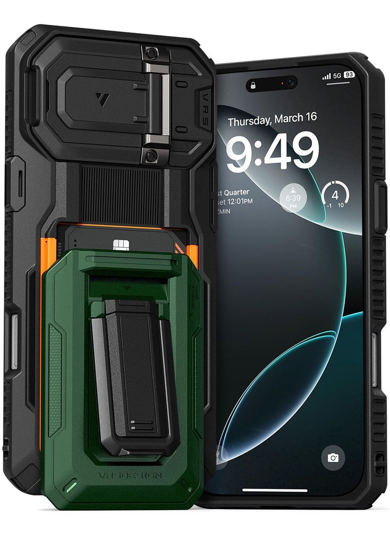 VRS Design D-Wallet Origin iPhone 16 Pro MAX Case Cover Wallet with Semi Automatic Credit Card Holder Slot [3 Cards] & Camera Lens Protector Kickstand - Metallic Green  - Image 1