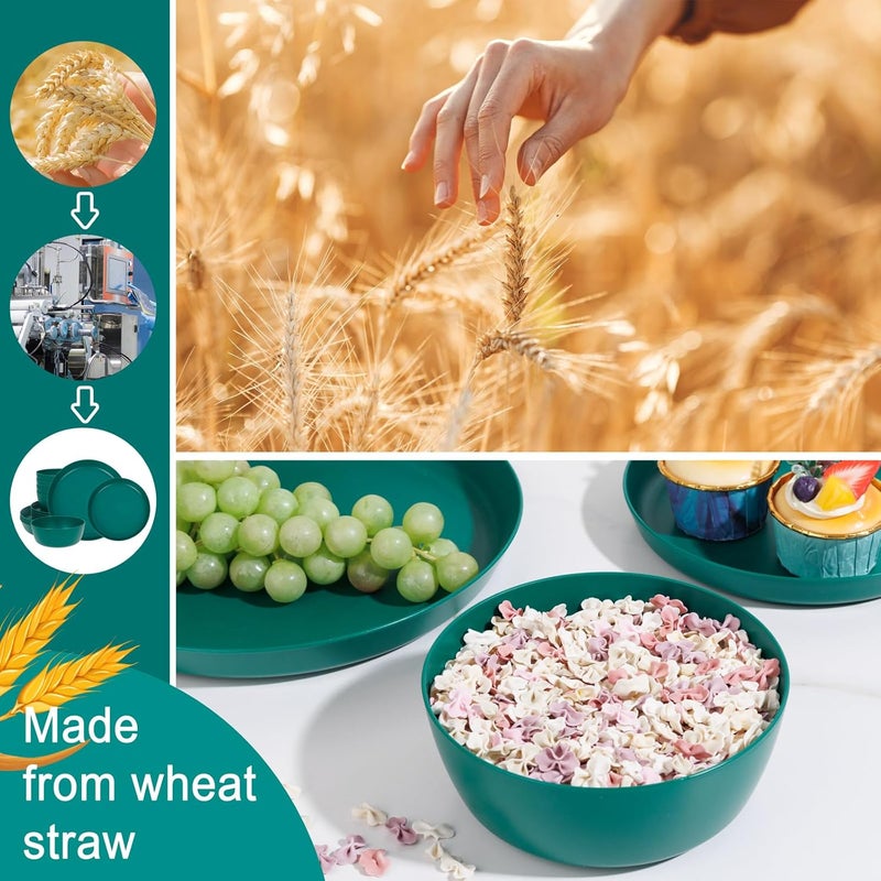 ejonirinjonir EI 12pcs Dark Green Wheat Straw Plates,Plates and Bowls Sets,Wheat Straw Dinnerware Set,Plastic Plates Reusable,Unbreakable Plastic Plate,Plastic Dishes Set,Melamine Dinnerware Sets - Image 4