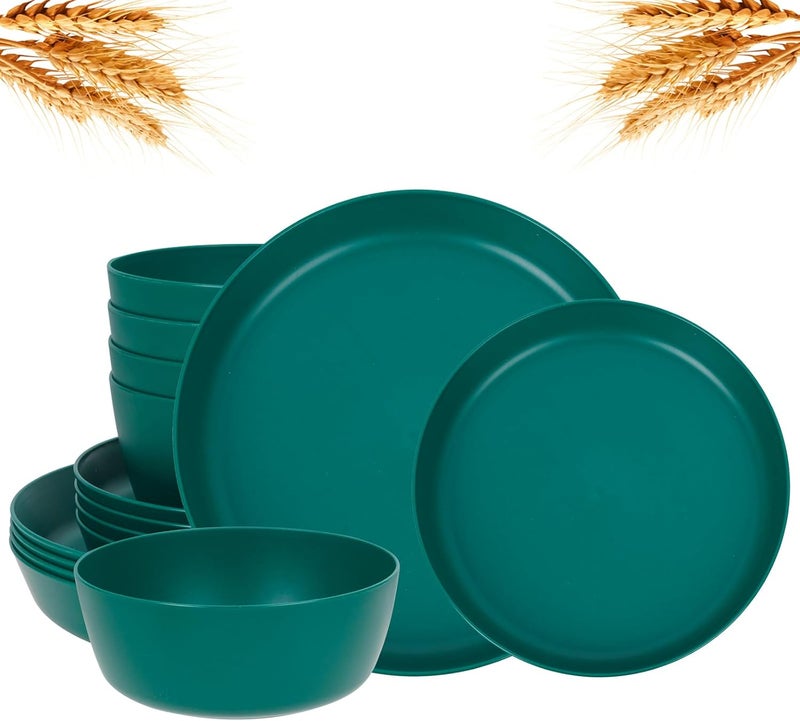 ejonirinjonir EI 12pcs Dark Green Wheat Straw Plates,Plates and Bowls Sets,Wheat Straw Dinnerware Set,Plastic Plates Reusable,Unbreakable Plastic Plate,Plastic Dishes Set,Melamine Dinnerware Sets - Image 1