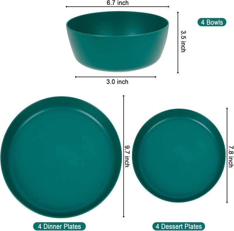 ejonirinjonir EI 12pcs Dark Green Wheat Straw Plates,Plates and Bowls Sets,Wheat Straw Dinnerware Set,Plastic Plates Reusable,Unbreakable Plastic Plate,Plastic Dishes Set,Melamine Dinnerware Sets - Image 2