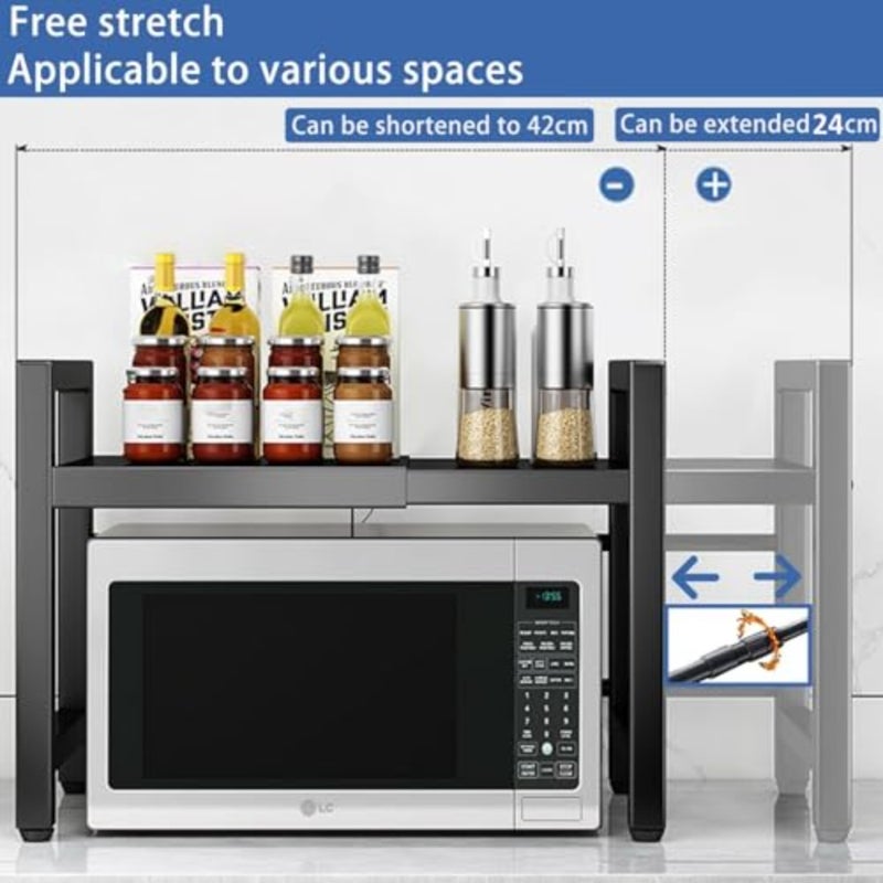 Expandable Microwave Oven Rack 2tier Microwave Shelf, With 6 Hooks Adjustable Carbon Steel Microwave Shelf, Kitchen Counter Organizer Shelf Stand, Pot Pan Grill Storage Racks, Width 15.75-25.20 Inches - Image 2