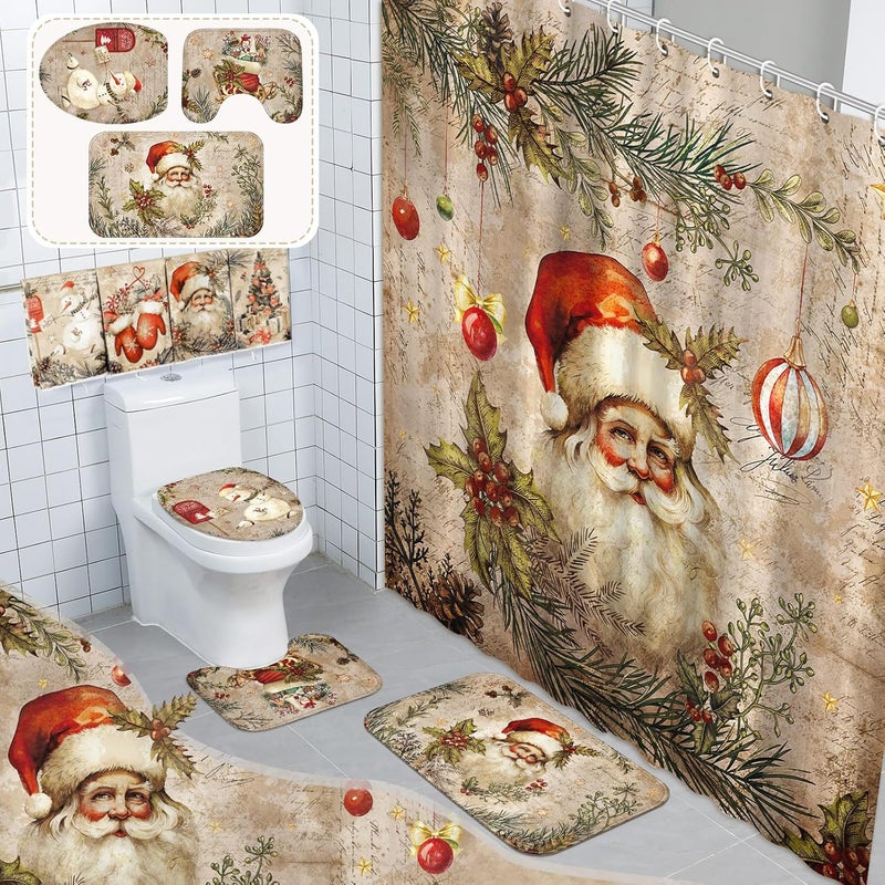 FuWeave 8 Pcs Christmas Shower Curtain Set Xmas Santa Bathroom Decoration Christmas Tree Hand Towels Snowman Toilet Lid Cover Bathroom Rugs Xmas Shower Curtain with Hooks(Santa Claus Style) - Image 1