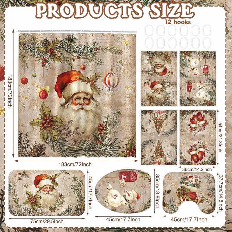 FuWeave 8 Pcs Christmas Shower Curtain Set Xmas Santa Bathroom Decoration Christmas Tree Hand Towels Snowman Toilet Lid Cover Bathroom Rugs Xmas Shower Curtain with Hooks(Santa Claus Style) - Image 2