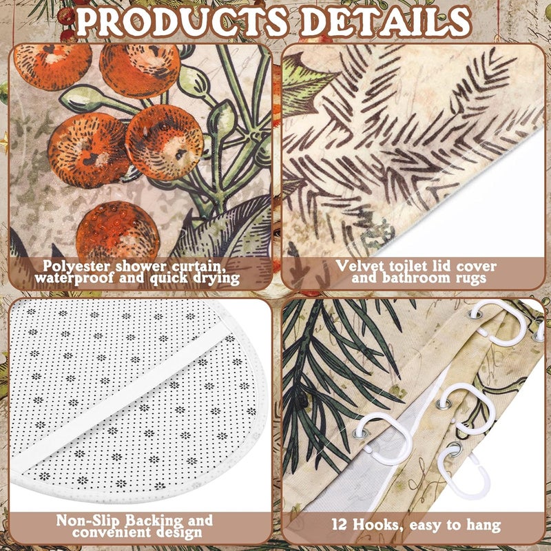 FuWeave 8 Pcs Christmas Shower Curtain Set Xmas Santa Bathroom Decoration Christmas Tree Hand Towels Snowman Toilet Lid Cover Bathroom Rugs Xmas Shower Curtain with Hooks(Santa Claus Style) - Image 3