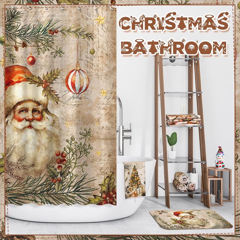 FuWeave 8 Pcs Christmas Shower Curtain Set Xmas Santa Bathroom Decoration Christmas Tree Hand Towels Snowman Toilet Lid Cover Bathroom Rugs Xmas Shower Curtain with Hooks(Santa Claus Style) - Image 5