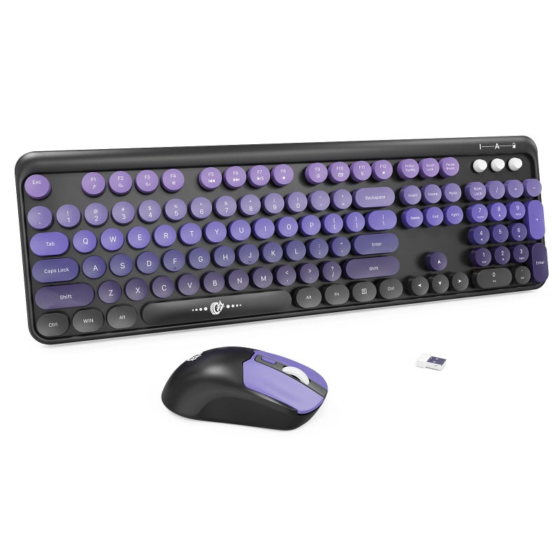 FD Wireless Keyboard and Mouse Combo | Cute Colorful Keyboard and Mouse with 2.4GHz Cordless Retro Typewriter Keyboard | Auto-Sleep | USB Receiver for Windows PC/Laptop - Black Purple Gradient - Image 1