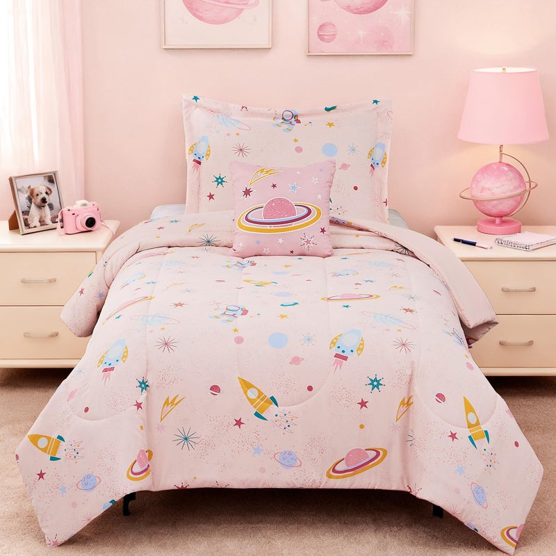 Kaleido Space Glow in The Dark Kids Comforter Set Twin Size for Girls, Space Bedding Set 1 Comforter, 1 Decor Pillow, 1 Pillow Sham - Image 1