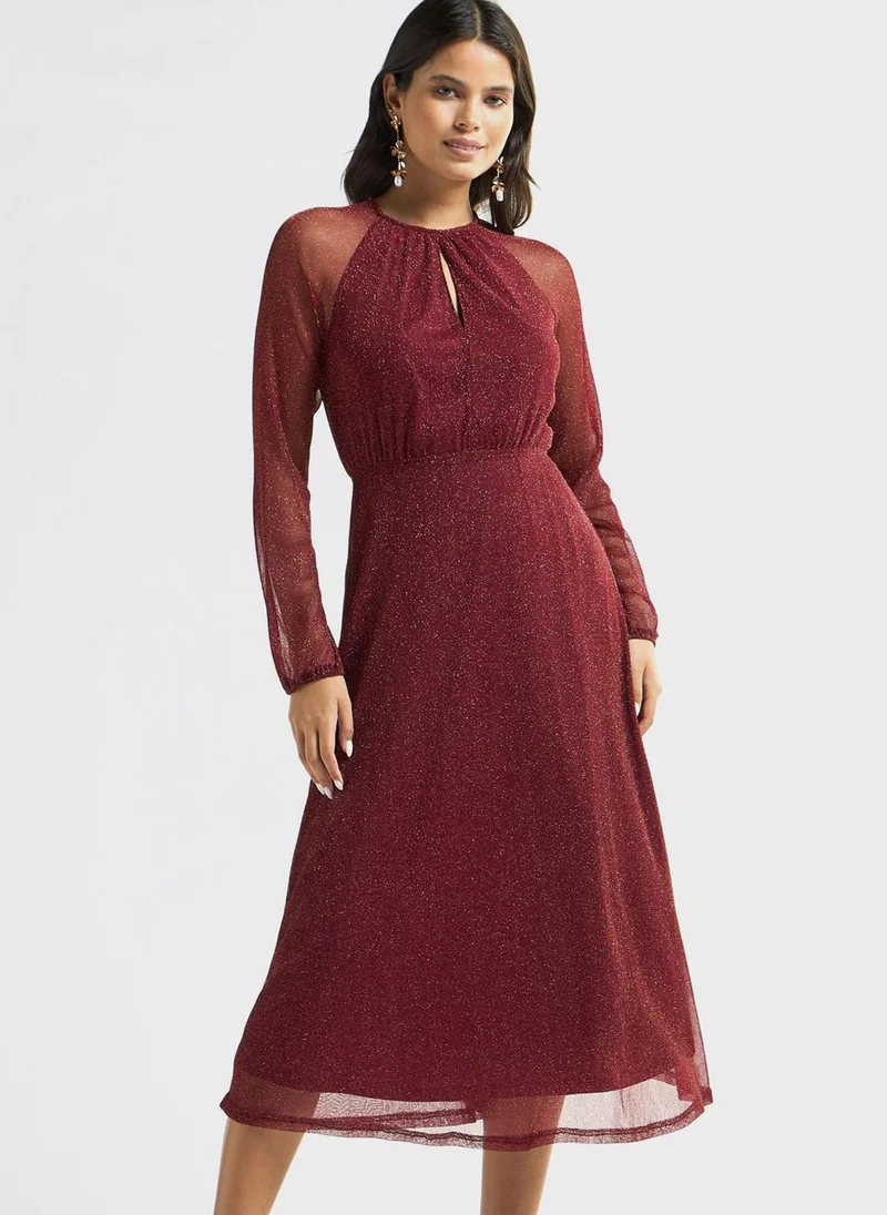 FAV Shimmer Detail Midi A-Line Round Neck Dress With Long Sleeves