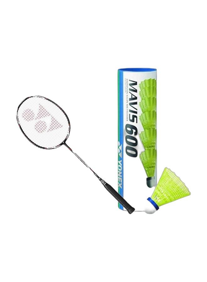 Yonex 4U/G4 Voltric Series Black/Red Badminton + Mavis 600 Blue Cap Medium Badminton Shuttlecock 6 Pack, Yellow Pack - Image 1