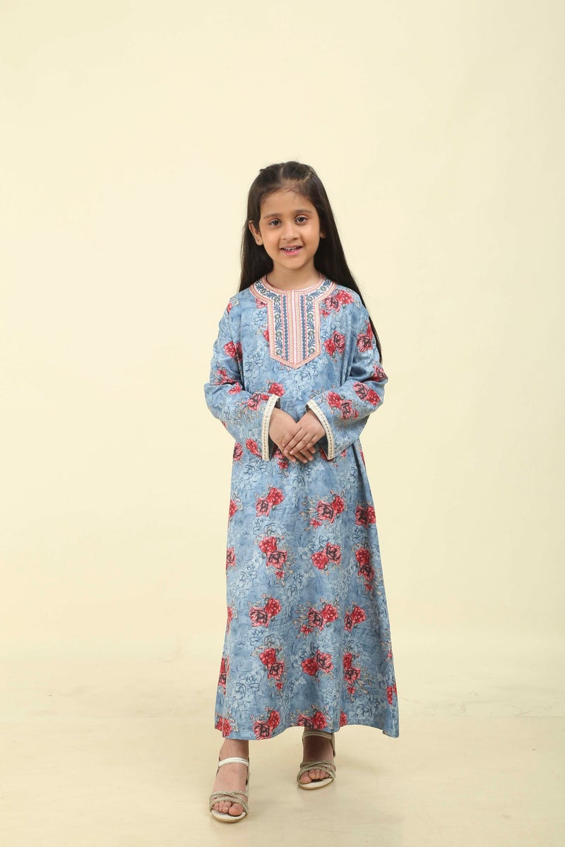 HANA & SARA Girls Arabic Floral Print Jalabiya – Modest Long Sleeve Ethnic Dress for Kids - Image 2
