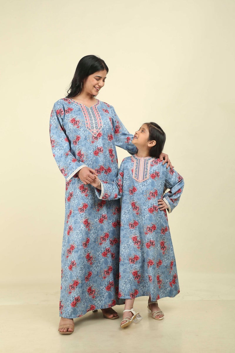 HANA & SARA Girls Arabic Floral Print Jalabiya – Modest Long Sleeve Ethnic Dress for Kids - Image 1