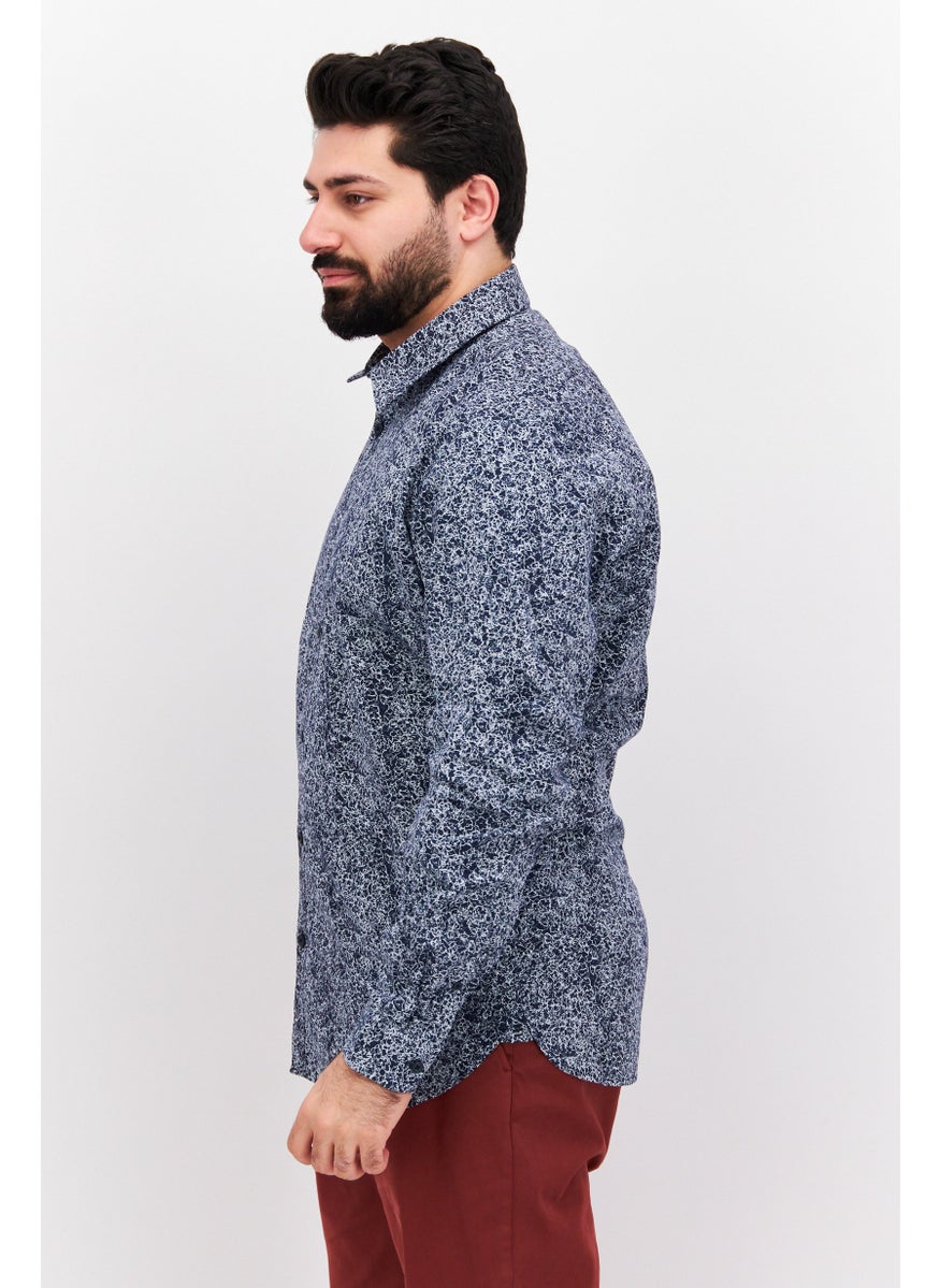 ESPRIT Men Slim Fit Allover Print Long Sleeve Casual Shirt, Navy  - Image 2