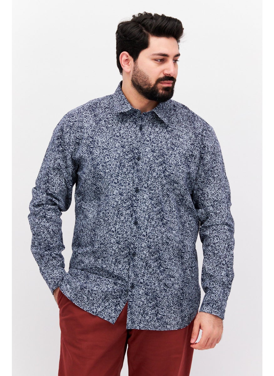 ESPRIT Men Slim Fit Allover Print Long Sleeve Casual Shirt, Navy  - Image 1