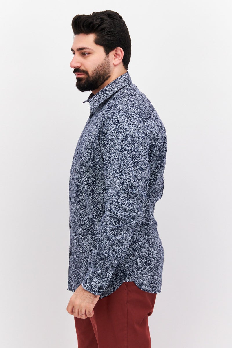 ESPRIT Men Slim Fit Allover Print Long Sleeve Casual Shirt, Navy - Image 2